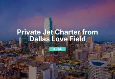 Jetbay private jet charter services from Dallas Love Field with downtown skyline at sunset