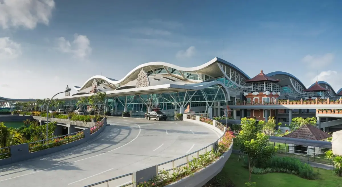 Ngurah Rai International Airport terminal in Bali with traditional Balinese architecture