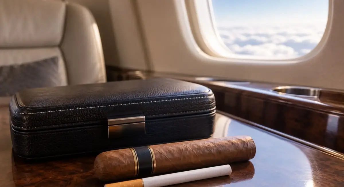 Cigarette and cigar beside a travel case illustrating smoking requests before private jet charter