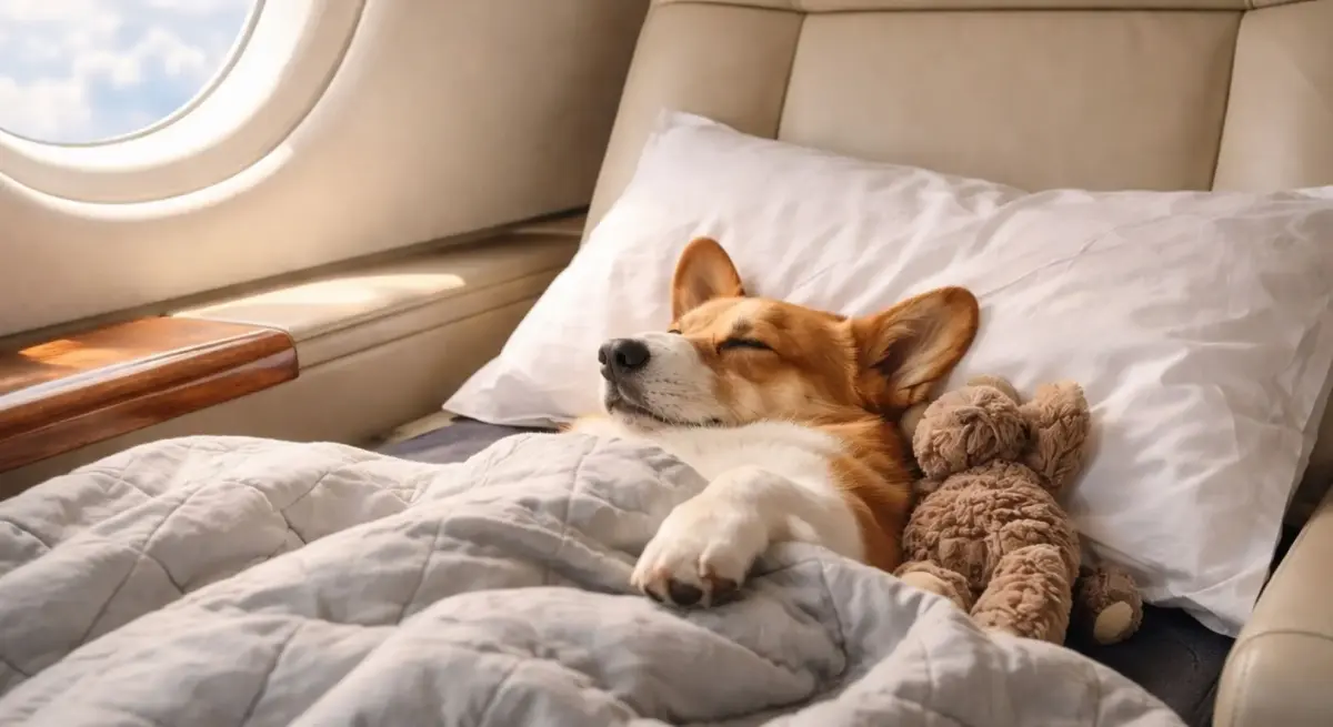 Corgi dog sleeping peacefully with a teddy bear on a plush bed inside a private jet cabin