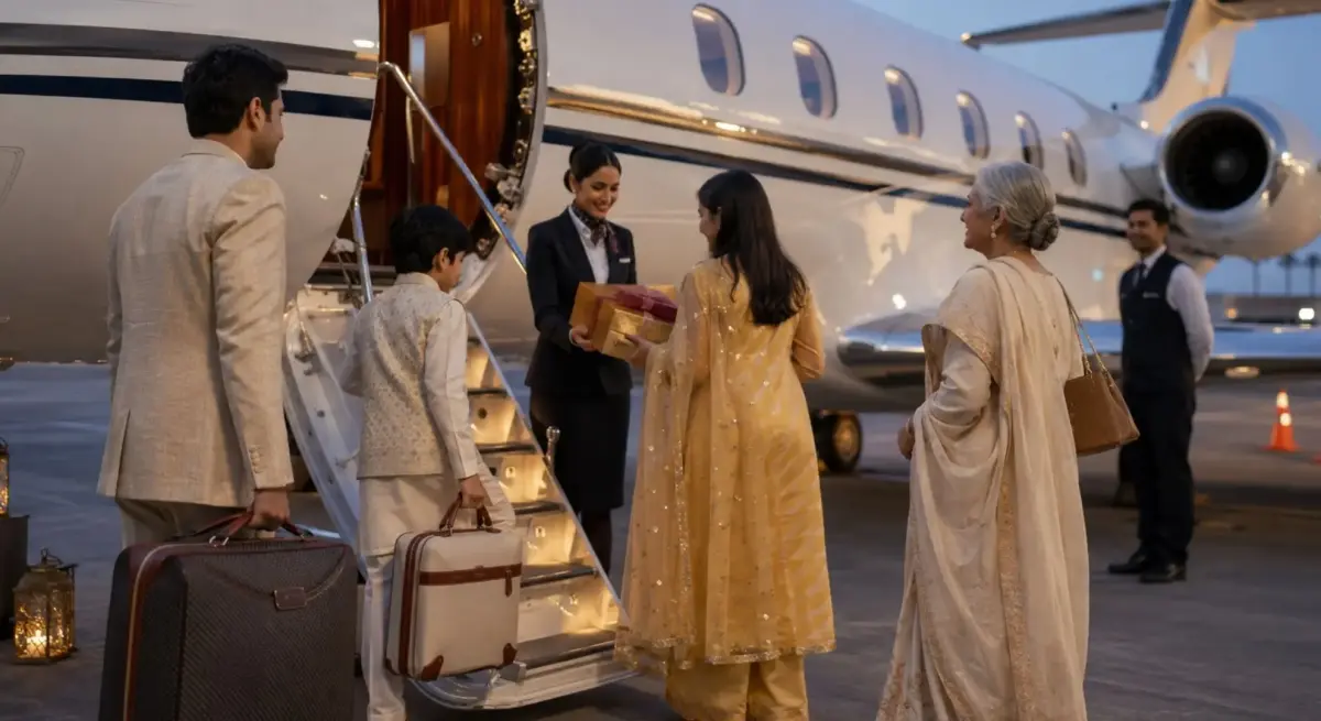 Family boarding a private jet for Diwali travel with luggage and festive gifts