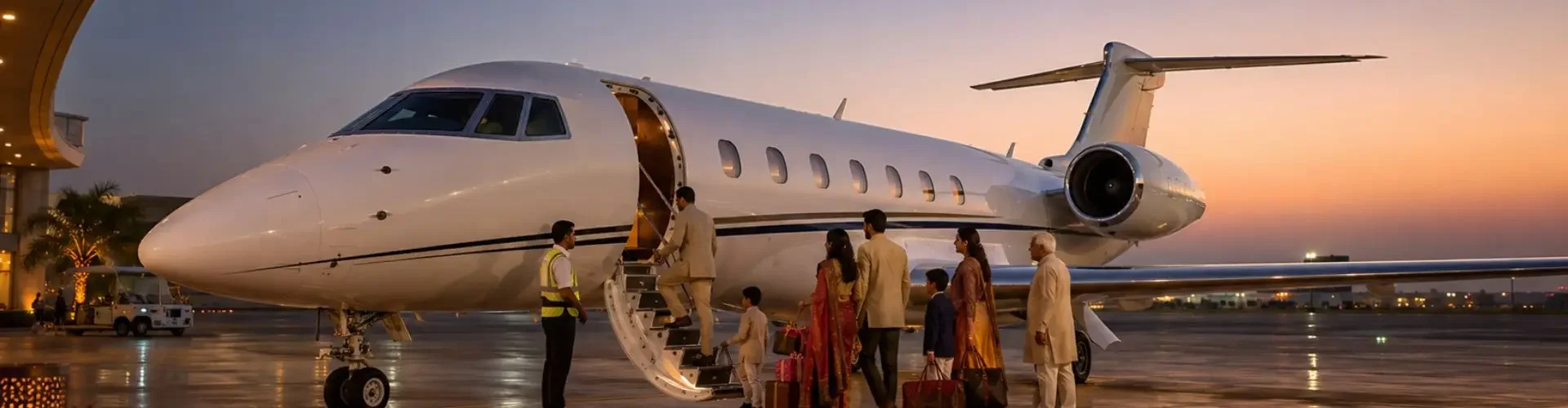 Diwali Private Jet Travel Private jet on the apron before a Diwali evening departure for a family charter flight