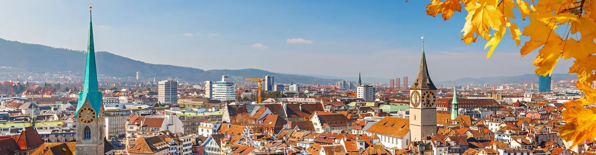 Aerial view of downtown of Zurich illustrating private jet charter services to and from Zurich airport