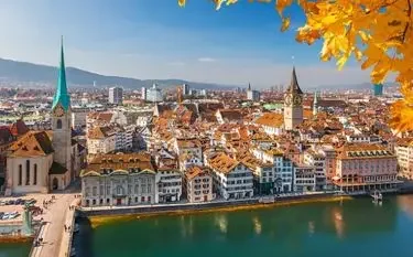Aerial view of downtown of Zurich illustrating private jet charter services to and from Zurich airport