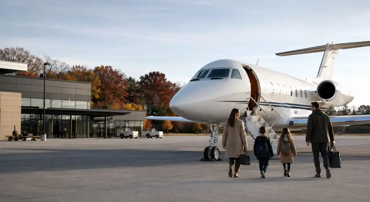 Family of four walking across a private jet terminal tarmac to board a Gulfstream charter jet for a Thanksgiving holiday trip