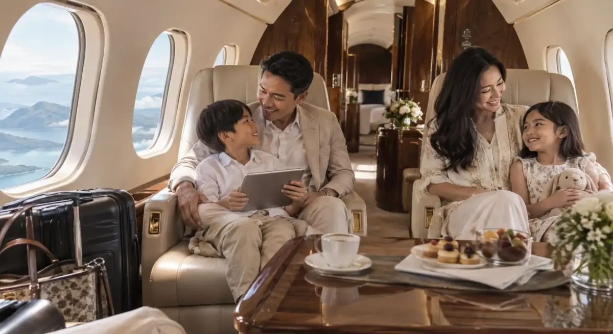 Family enjoying a private jet charter from Jakarta to Surabaya, relaxing in a spacious cabin with scenic island views