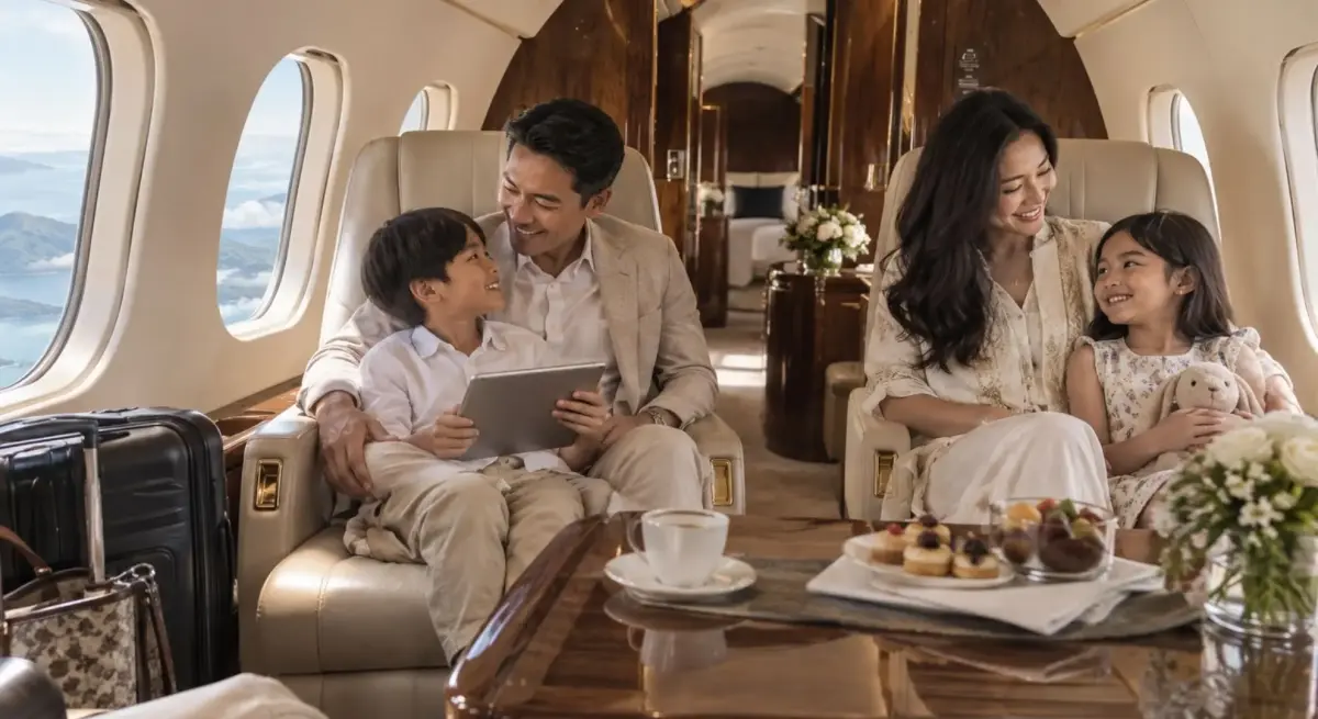 Family of four enjoying a private jet cabin with gourmet refreshments and scenic coastal views, ideal for Indonesia travel
