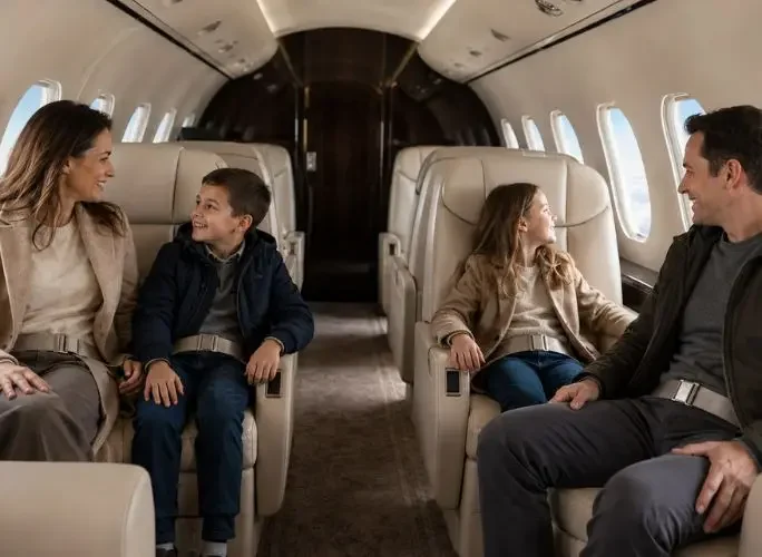 Family of four sharing smiles aboard a private jet charter, enjoying a Thanksgiving holiday flight in cabin