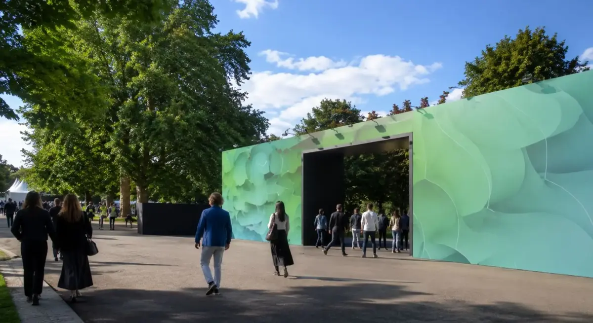Guests arriving at a Frieze London pavilion entrance