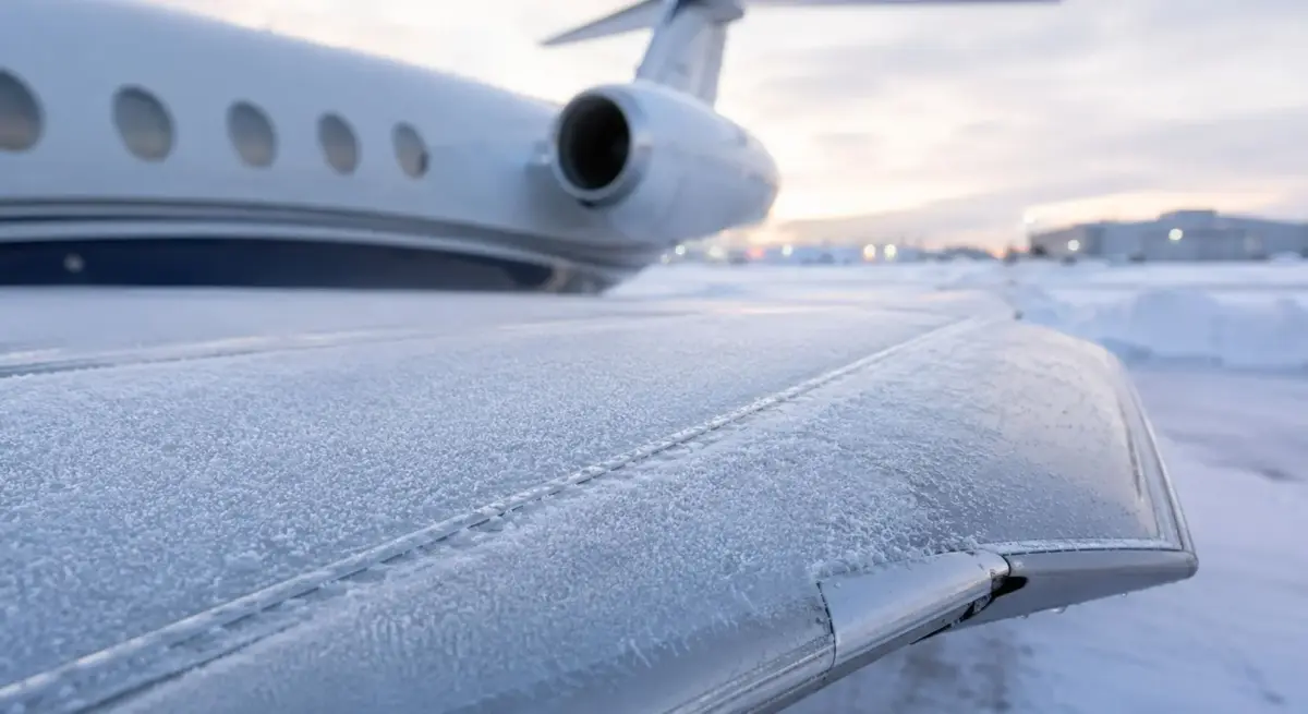 Frost visible on a private jet wing before an early winter departure