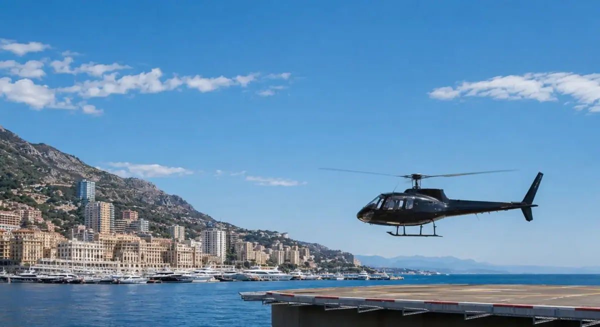 Private helicopter departing Monaco helipad over Port Hercules with luxury superyachts and Monte Carlo skyline during Monaco Yacht Show