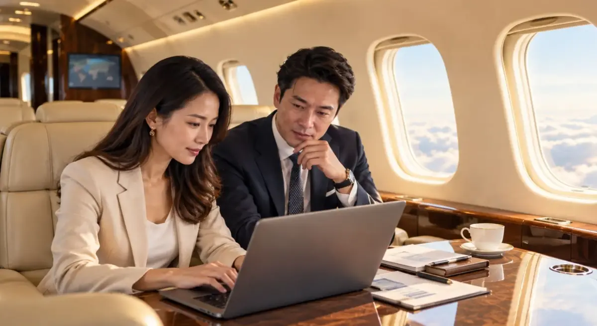 Two business executives collaborating on a laptop during a private jet charter flight, with views through cabin windows