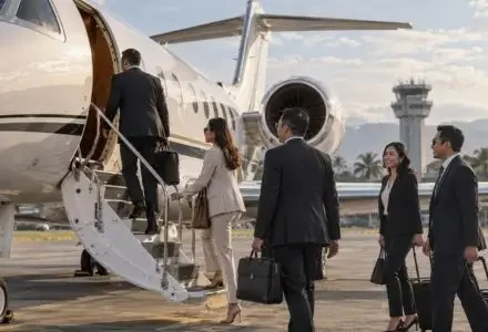 Business executives boarding a private jet on an Indonesian airport tarmac for corporate charter travel across Indonesia