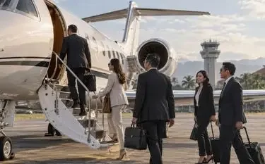 Indonesia Business Charter: A Guide to Corporate Travel Business executives boarding a private jet on an Indonesian airport tarmac for corporate charter travel across Indonesia
