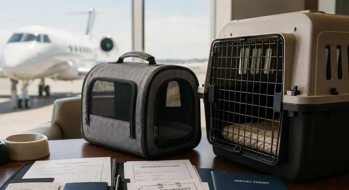 Pet travel documents arranged beside a cat carrier and dog crate before a private jet trip to Indonesia