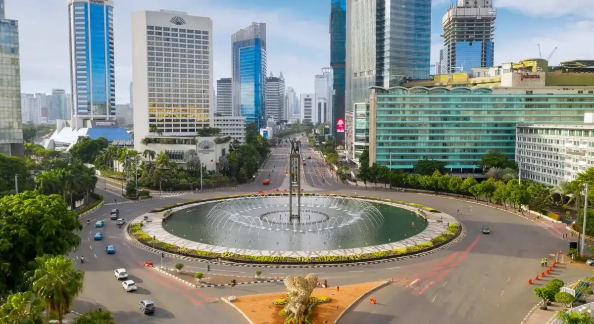 Aerial view of Jakarta's Bundaran HI roundabout and fountain in the central business district