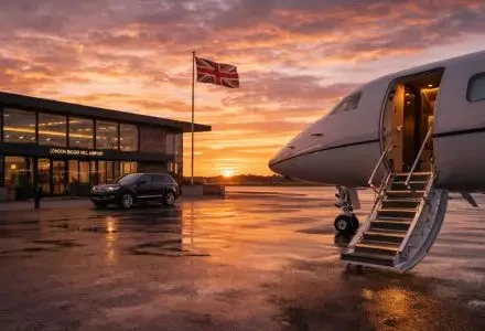 Private jet with open boarding stairs on the tarmac at London Biggin Hill Airport at sunset, with a luxury SUV and Union Jack flag in the background