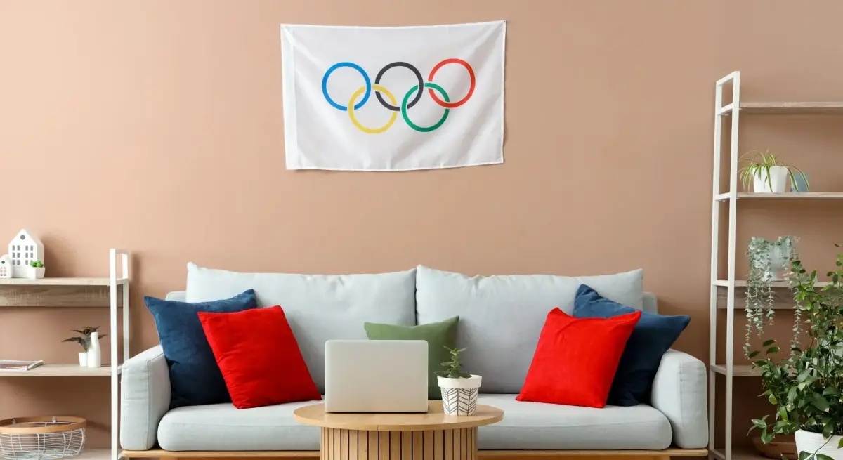 Interior of living room with Olympic flag decoration