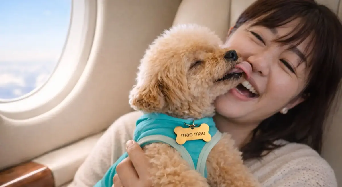 Woman laughing as her toy poodle licks her cheek inside a private jet cabin, highlighting stress-free pet charter travel