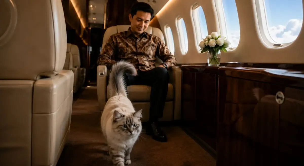 Passenger relaxing in cream leather private jet cabin with a fluffy cat roaming freely, showcasing pet-friendly charter travel to Indonesia