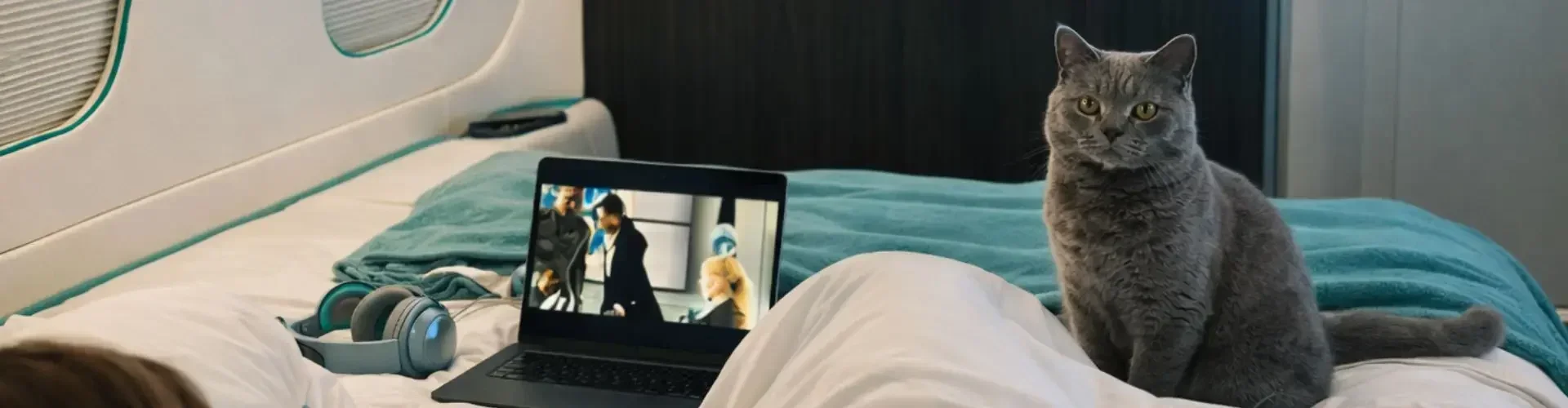 Pet Charter Flights Singapore: A Calmer Way for Your Pets to Travel Passenger relaxing on a private jet cabin bed with a cat beside her, watching a film on a laptop during a pet-friendly charter flight