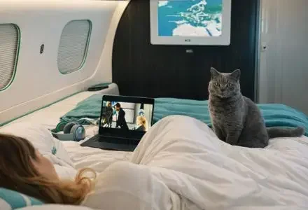 Passenger relaxing on a private jet cabin bed with a cat beside her, watching a film on a laptop during a pet-friendly charter flight