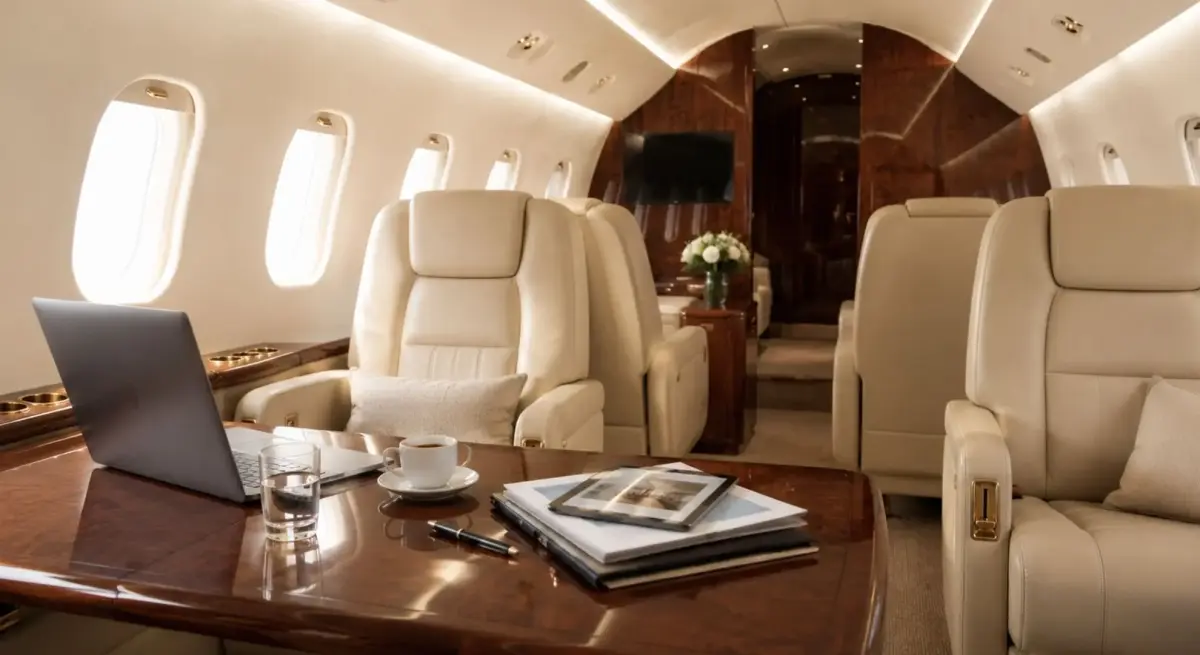 Modern private jet cabin configured for comfortable business travel