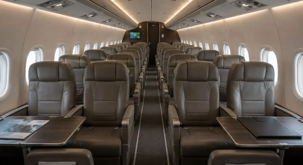Spacious private jet cabin with rows of premium leather seats and fold-out tables, ideal for mining charter group travel