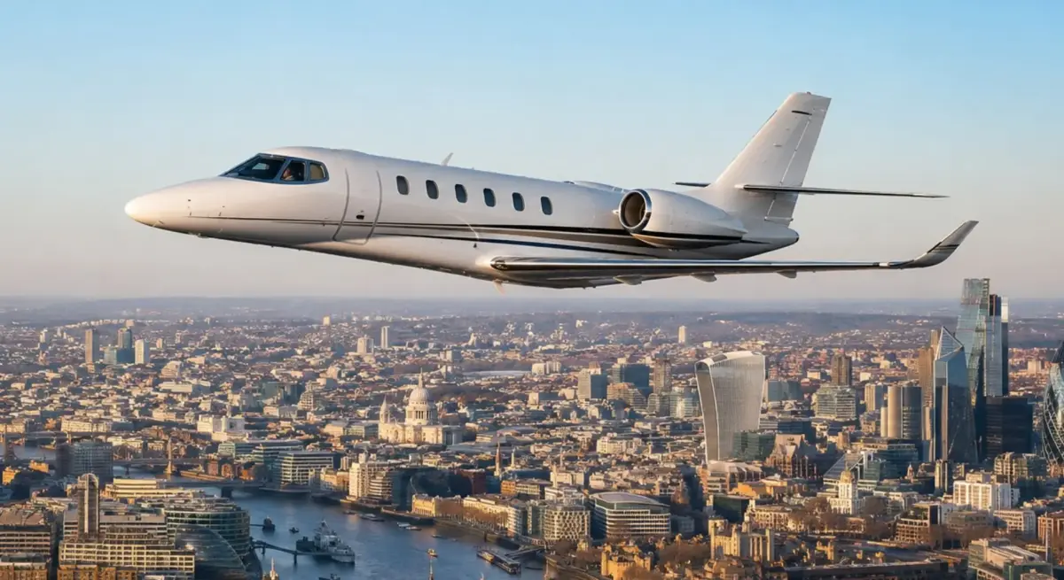 Cessna Citation private jet flying over London skyline with St Paul's Cathedral and the Shard visible below, charter flight to Frieze London art fair