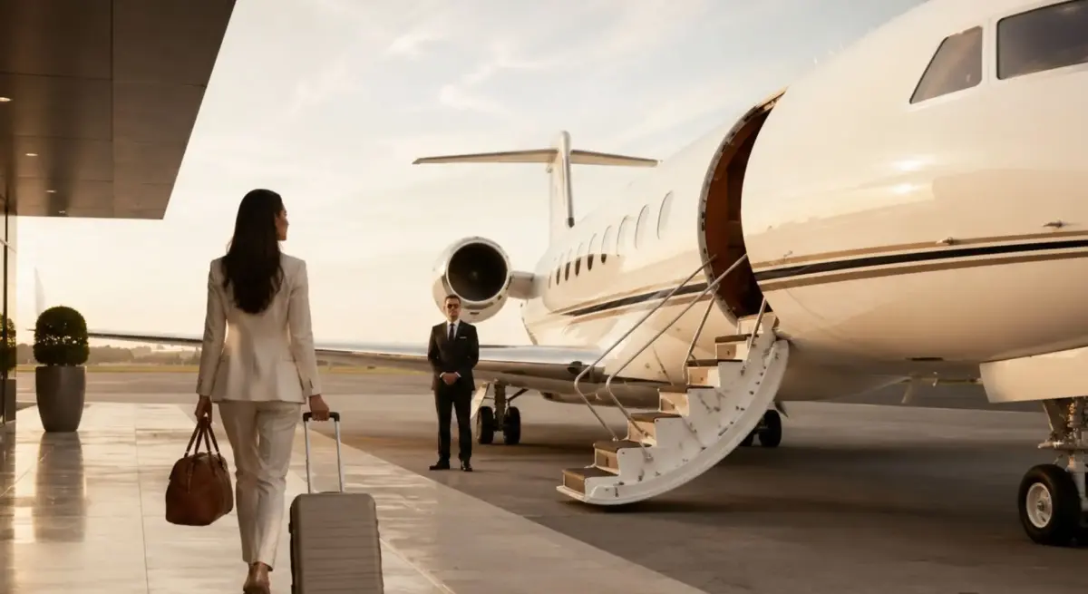 Elegantly dressed woman with luggage approaching a private jet charter on the tarmac, greeted by a professional crew member