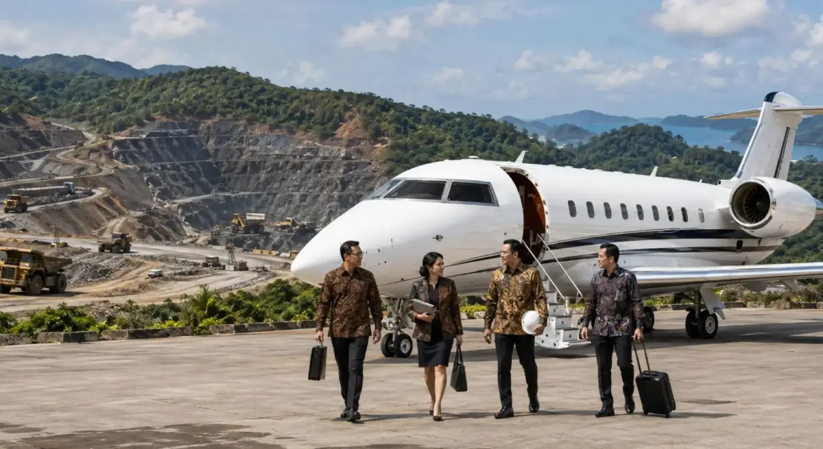 Business executives in batik attire walking from a private jet at a remote Indonesian mining site with mine in background