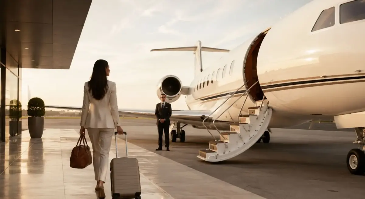 Elegantly dressed woman boarding a private jet charter on the tarmac, greeted by crew for a luxury Jakarta to Bali flight