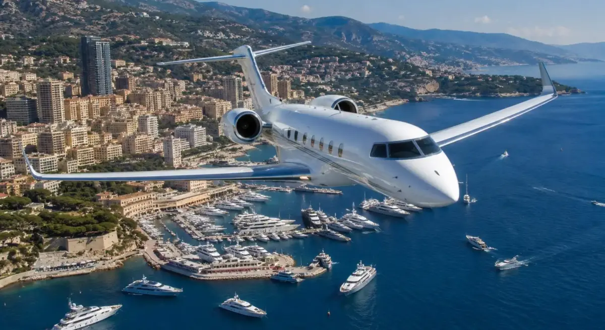 Luxury private jet flying over Monaco harbour packed with superyachts during the Monaco Yacht Show, showcasing premium charter travel to the French Riviera