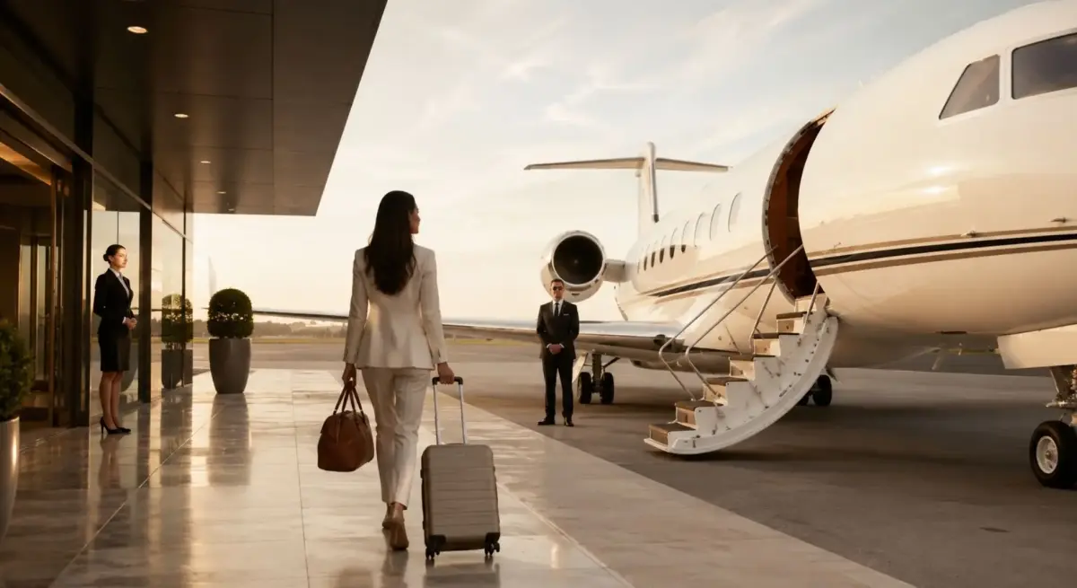 Private jet charter passenger boarding through a private aviation terminal
