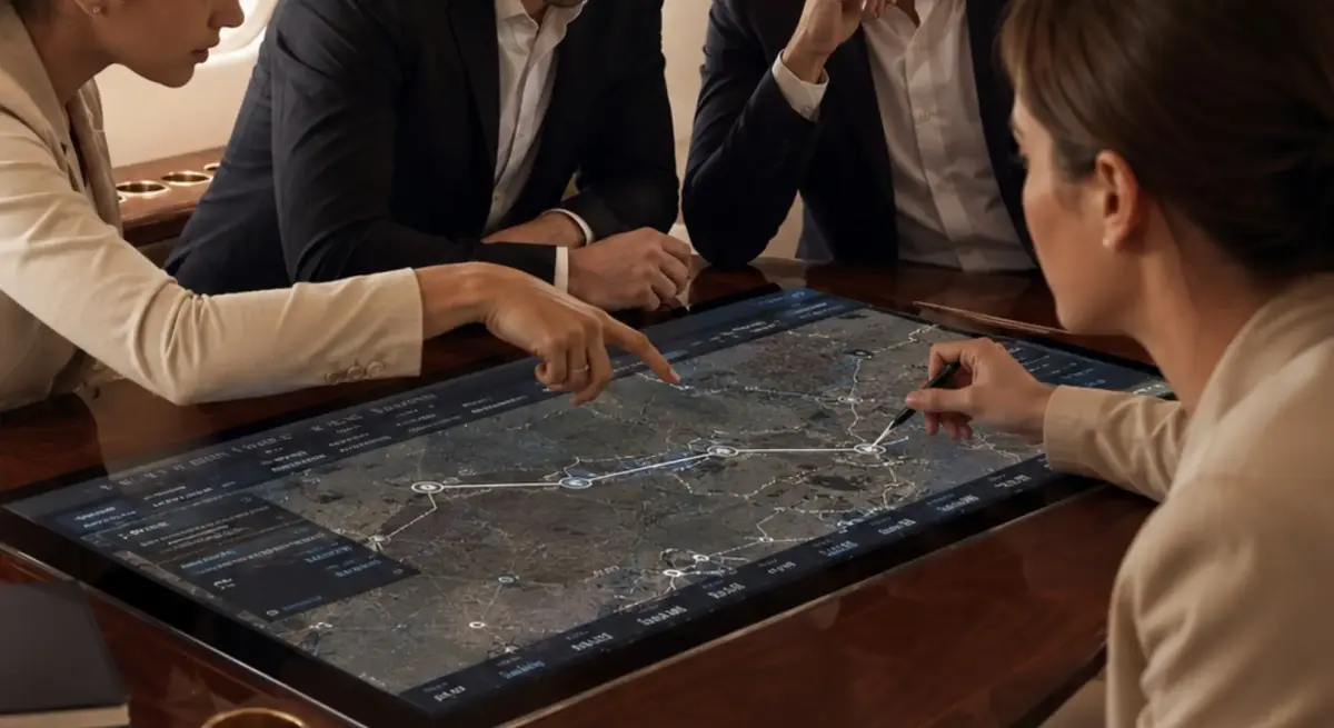 Private jet charter planning with route details and aircraft options being discussed by the flight planning team