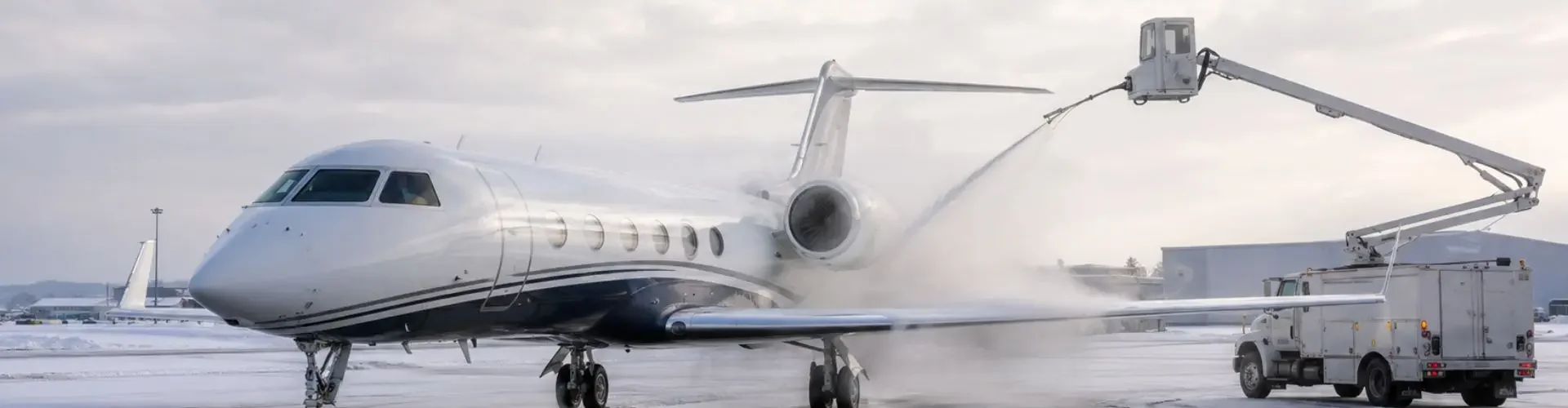 Private Jet Deicing: A Practical Guide for Charter Clients Private jet undergoing deicing before winter departure on a snowy airport apron
