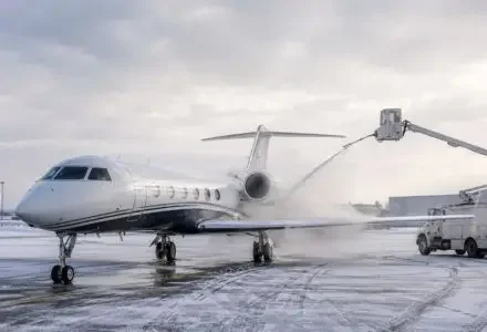 Private jet undergoing deicing before winter departure on a snowy airport apron
