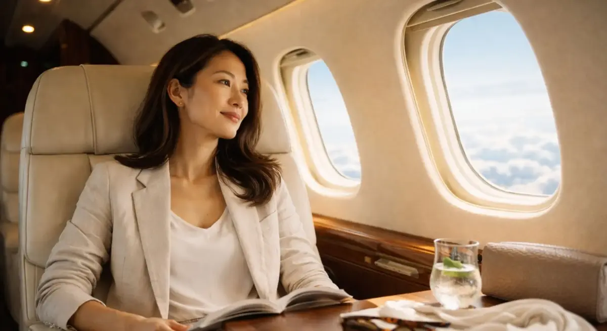 Businesswoman in a cream leather private jet cabin seat, gazing out the window above the clouds