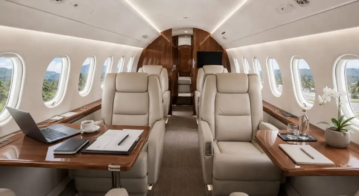 A private jet cabin interior with leather seats, walnut wood tables set, suited for Jakarta to Surabaya charter flights