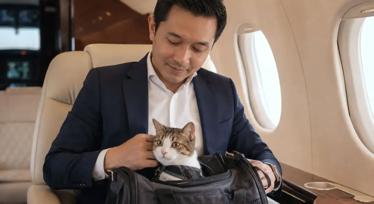 Indonesian traveller settling a cat in a pet carrier aboard a private jet cabin