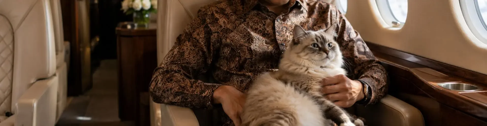 Flying with Pets to Indonesia by Private Jet Man relaxing with his cat on a private jet cabin seat, enjoying a pet-friendly flight to Indonesia