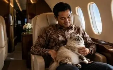 Flying with Pets to Indonesia by Private Jet Man relaxing with his cat on a private jet cabin seat, enjoying a pet-friendly flight to Indonesia
