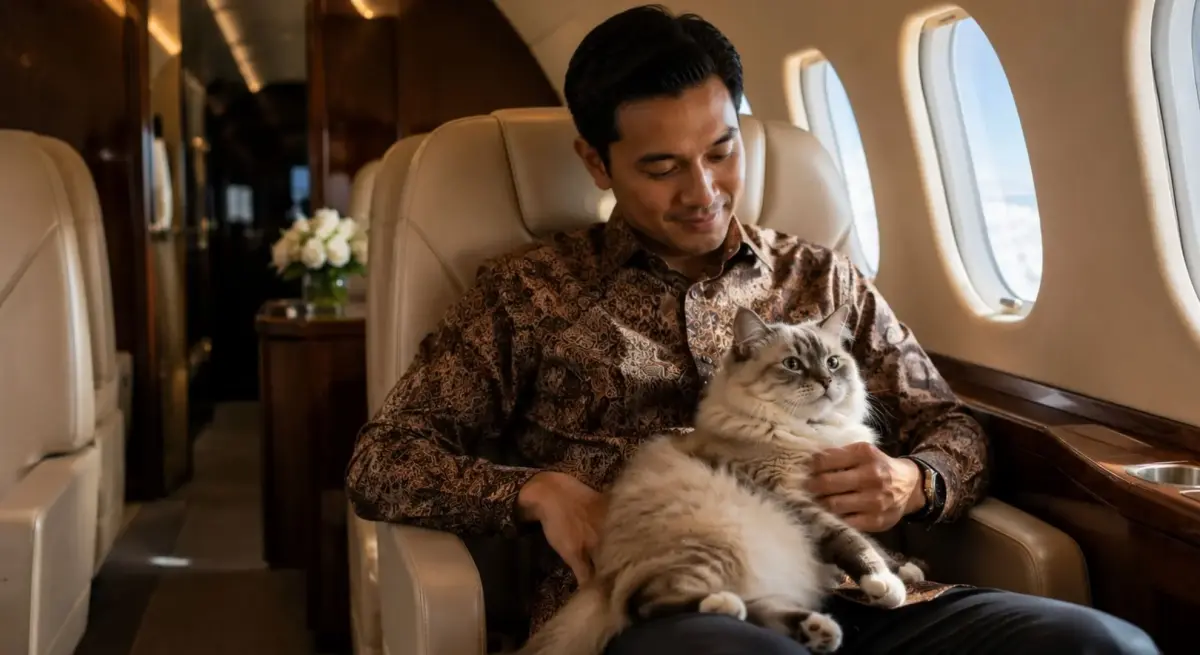 Man relaxing with his cat on a private jet cabin seat, enjoying a pet-friendly flight to Indonesia