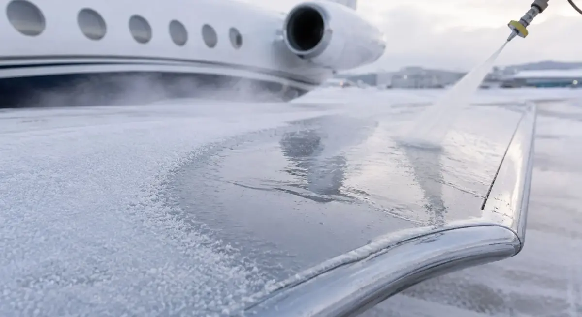 Close up of a private jet aircraft wing undergoing deicing before winter departure