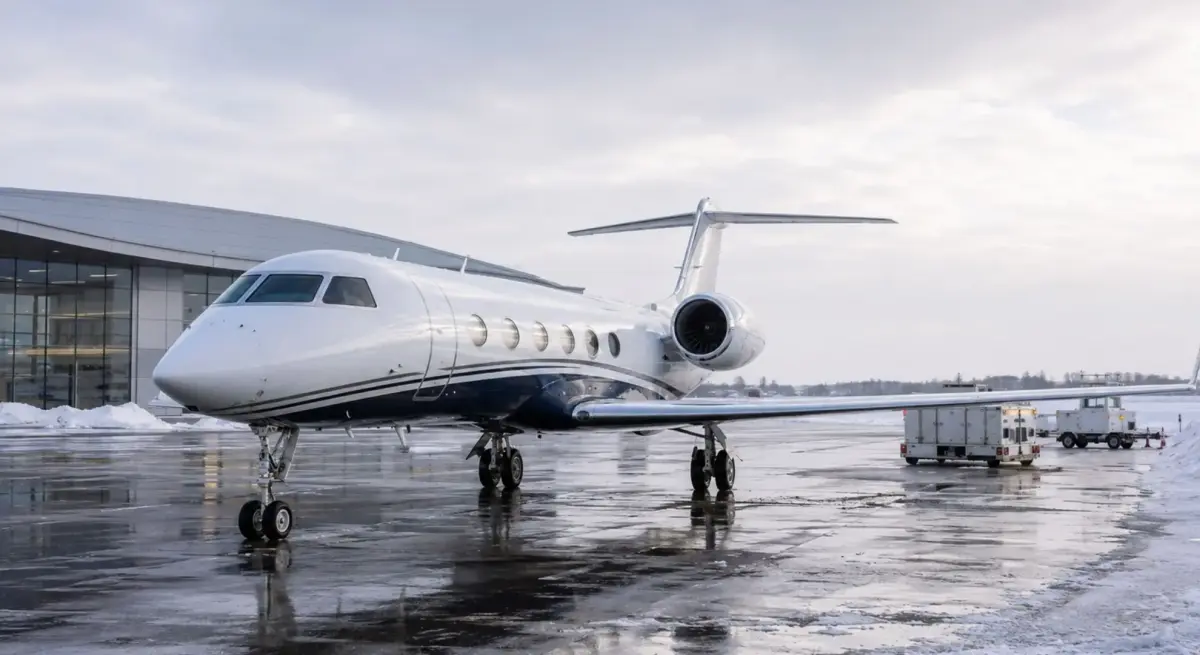 Private jet preparing for winter departure from an FBO