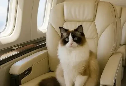 Ragdoll cat sitting comfortably in luxury private jet cabin showcasing Jetbay's pet relocation services