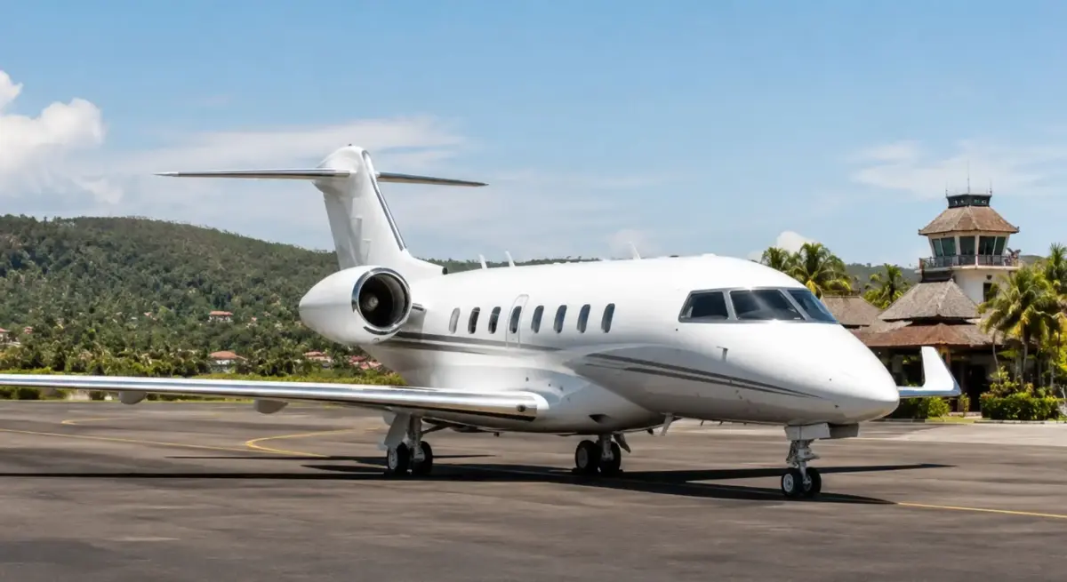 Private jet on the runway in Indonesia for business and inter-island charter travel