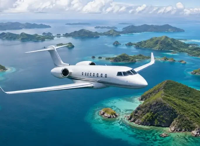 Private jet flying between islands in Indonesia