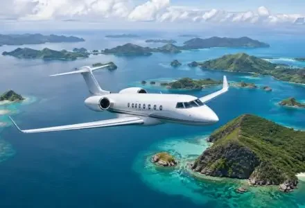 Private jet flying between islands in Indonesia