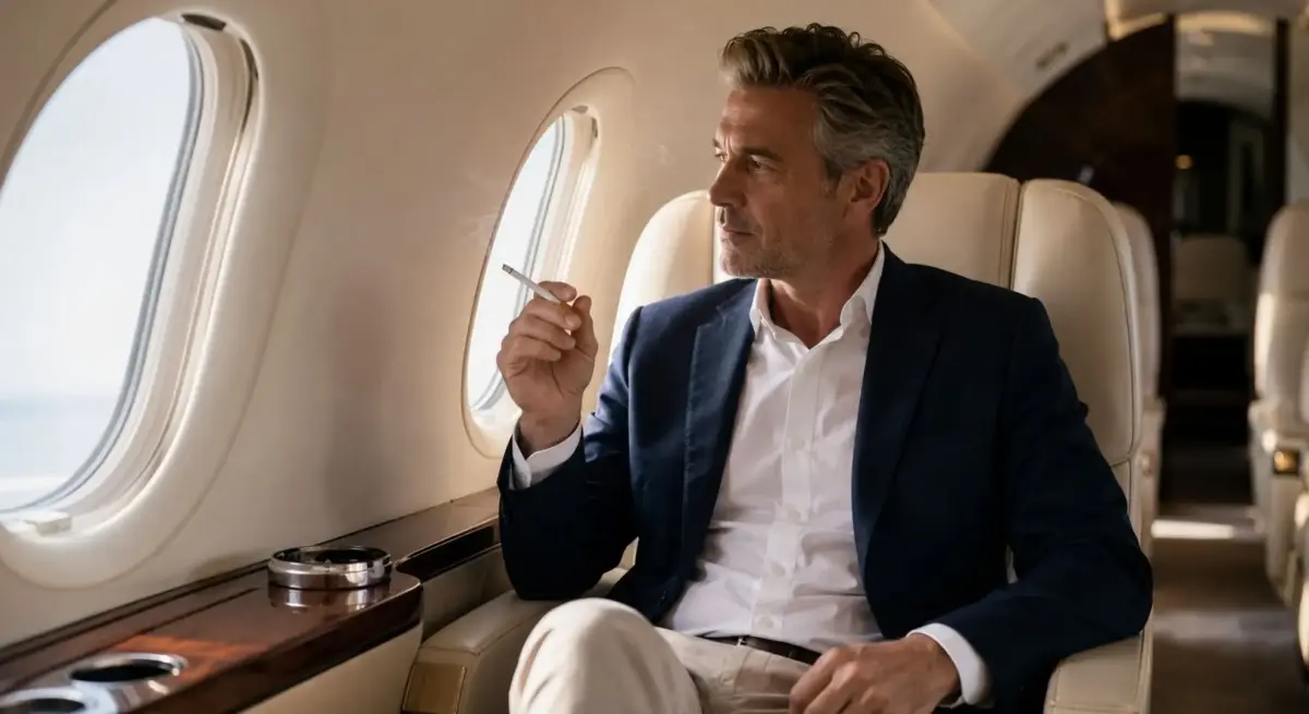 Well-dressed man smoking a cigarette in a cream leather private jet cabin seat, gazing out the window mid-flight